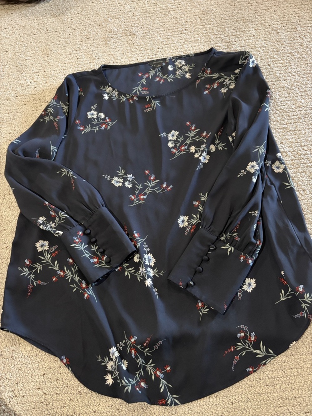 Ann Taylor Navy Floral Long-Sleeve Blouse with Covered Button Cuffs